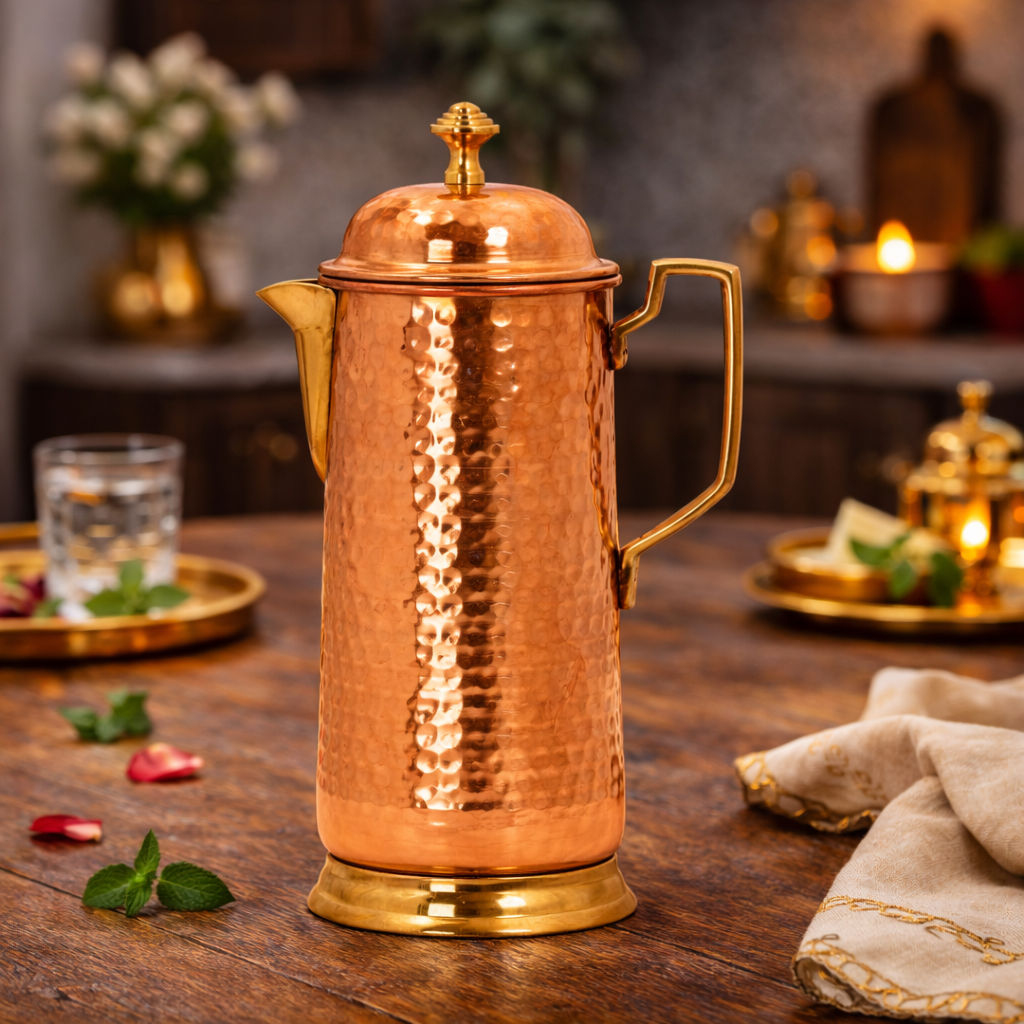 Pure copper hammered jug with brass handle, 1600 ML